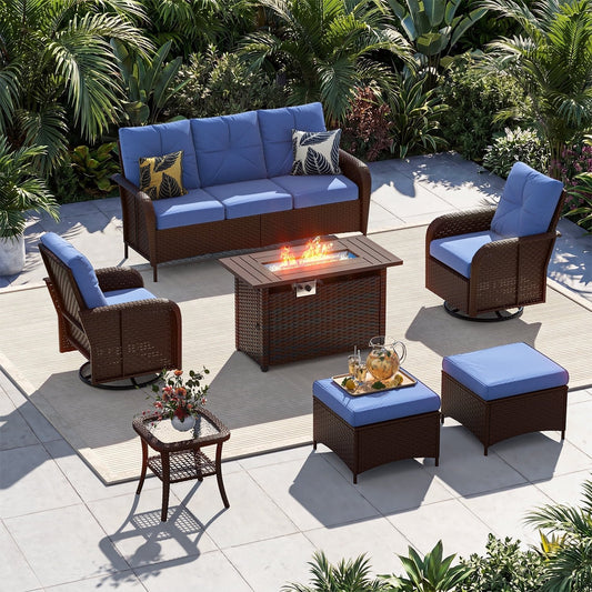 Sunmthink 7-Piece Patio Furniture Set, High Back Swivel Rocker Chairs with Thick Cushions, Wicker Rattan Outdoor Sectional Sofa with Fire Pit & Ottoman, Blue