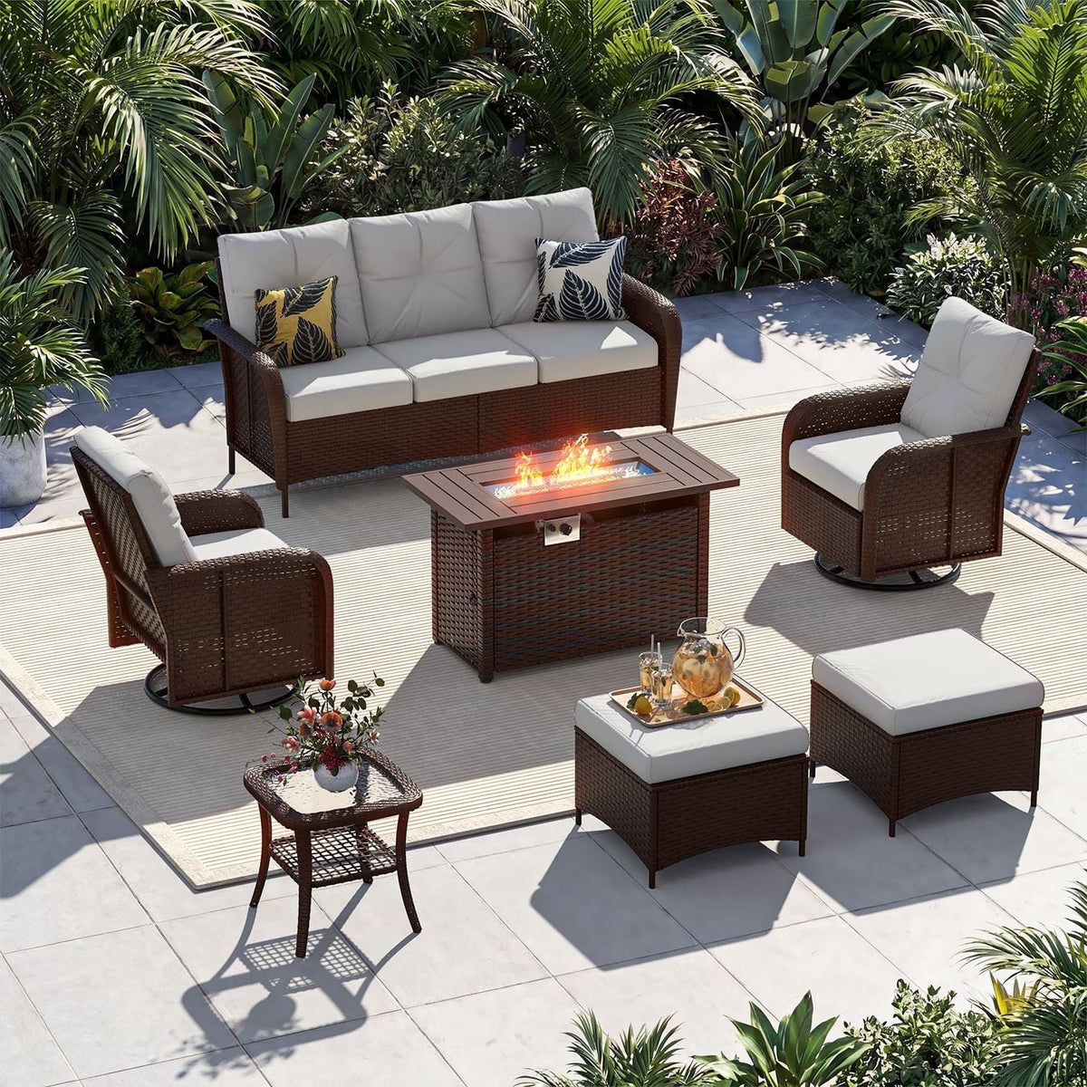 Sunmthink 7-Piece Patio Furniture Set, High Back Swivel Rocker Chairs with Thick Cushions, Wicker Rattan Outdoor Sectional Sofa with Fire Pit & Ottoman, Light Grey