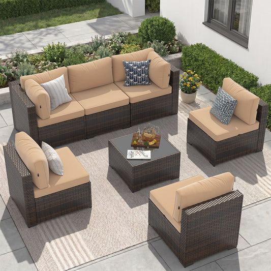 Sunmthink 7-Piece Wicker Patio Furniture Sets, Outdoor Conversation Set with 4 Inches Thick Cushions and Coffee Table