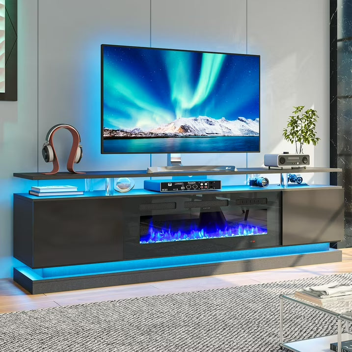 Sunmthink 70" Fireplace TV Stand, Modern Entertainment Center for TVs Up to 80”, TV Console with Storage Cabinets, Media Console for Living Room, Black