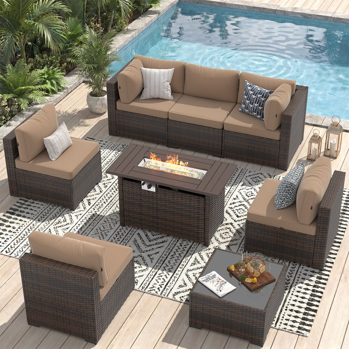 Sunmthink 8-Piece Outdoor Patio Furniture, Patio Furniture Sets with Fire Pit, Wicker Outdoor Conversation Set and Waterproof Cover