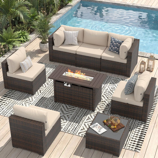 Sunmthink 8-Piece Outdoor Patio Furniture Sets, Patio Conversation Sets with Fire Pit, Wicker Outdoor Conversation Set with Waterproof Cover