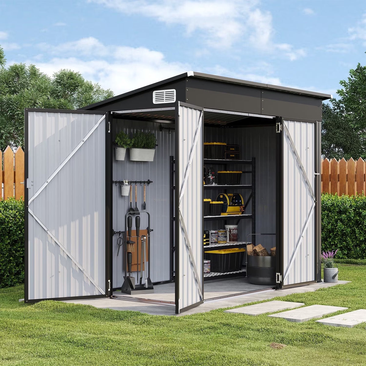 Dateyes 8' x 4' Metal Storage Shed with Triple Doors, Lockable Lean-to Design & Vents, Black