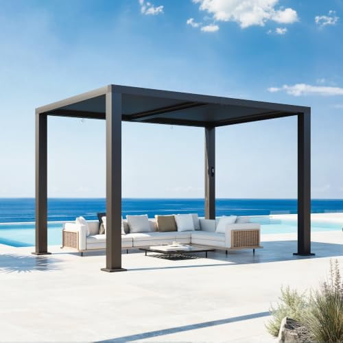Sunmthink 9' x 12' Motorized Louvered Patio Pergola with Dual Adjustable Roof Panels, Built-In LED Lighting, Ceiling Fan & Outdoor Power Outlet, All-Weather Frame