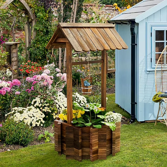 Sunmthink Big Wishing Well Planter 25.5" with Hanging Bucket for Flower and Plants, Brown, Wooden