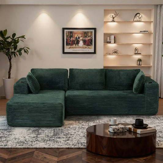 Sunmthink Cloud Couch Corduroy Modular Sectional Sofa L-Shape Boneless Couch with Wide Armrests and Cup Holders for Living Room Bedroom, No Assembly Required (Black)