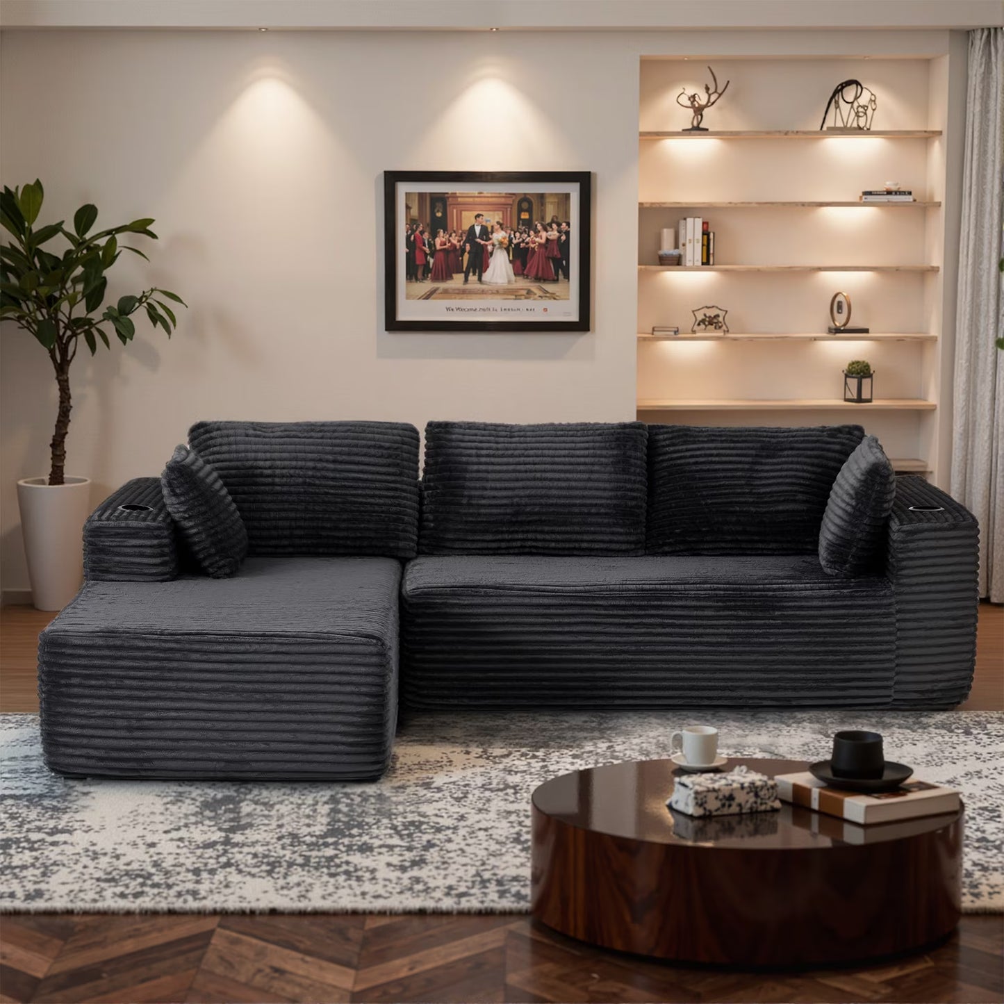 Sunmthink Cloud Couch Corduroy Modular Sectional Sofa L-Shape Boneless Couch with Wide Armrests and Cup Holders for Living Room Bedroom, No Assembly Required (Black)