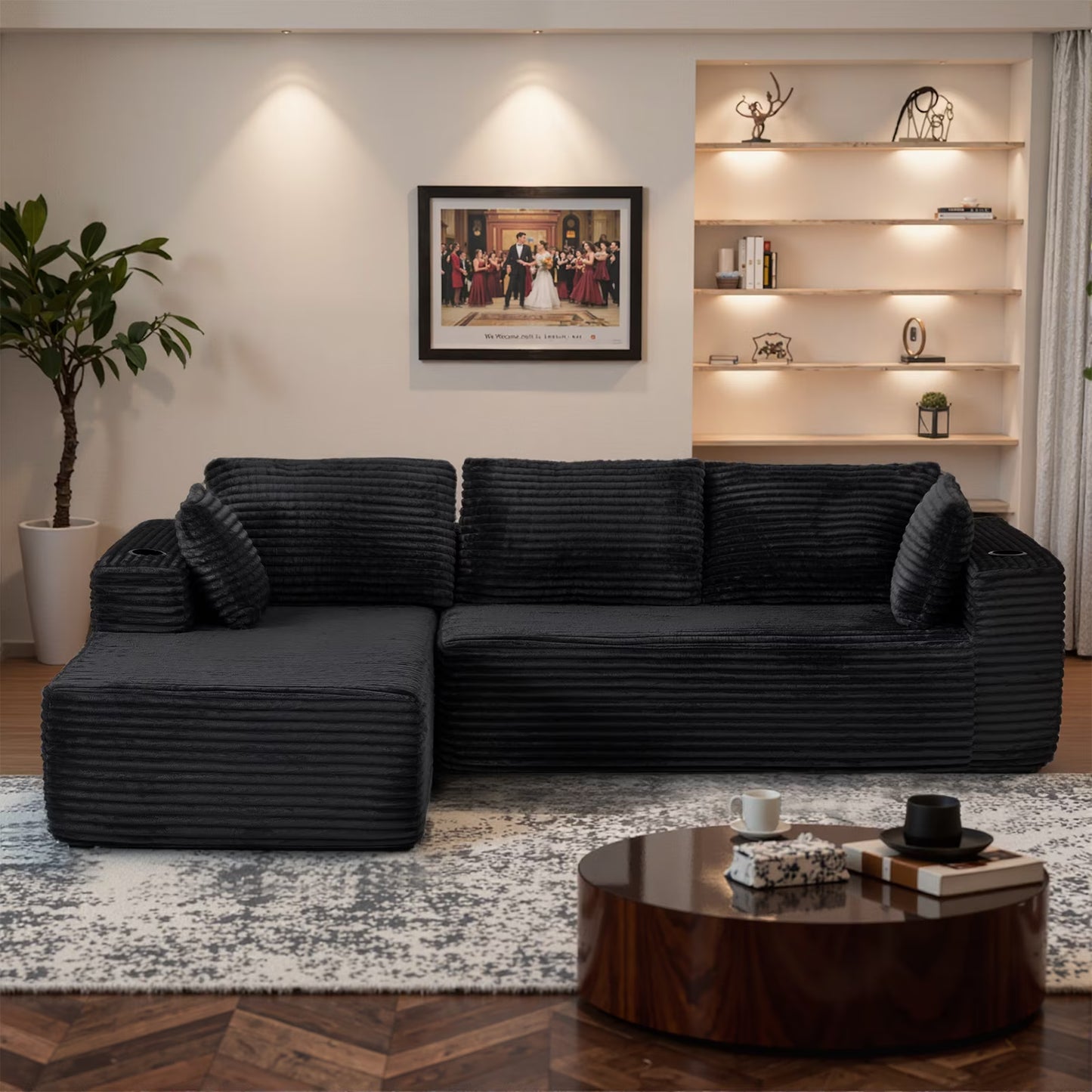 Sunmthink Cloud Couch Corduroy Modular Sectional Sofa L-Shape Boneless Couch with Wide Armrests and Cup Holders for Living Room Bedroom, No Assembly Required (Black)
