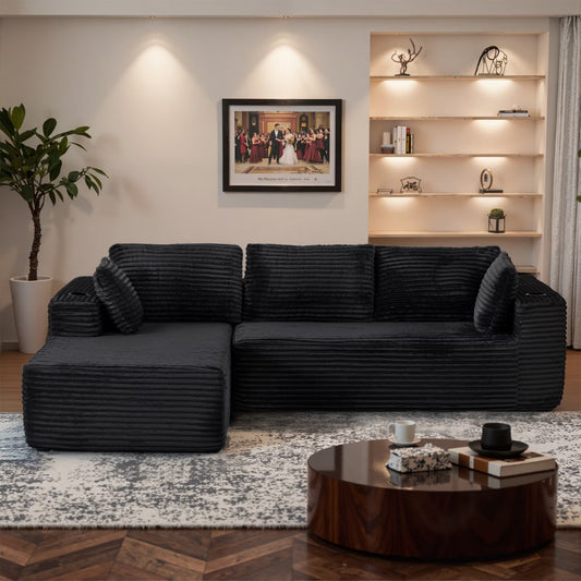 Sunmthink Cloud Couch Corduroy Modular Sectional Sofa L-Shape Boneless Couch with Wide Armrests and Cup Holders for Living Room Bedroom, No Assembly Required (Black)