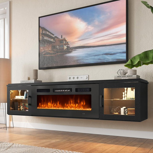 Sunmthink Floating TV Stand with 36" Electric Fireplace, High Gloss Finish Wall Mounted Fireplace Entertainment Center with Storage for TVs Up to 80", Black