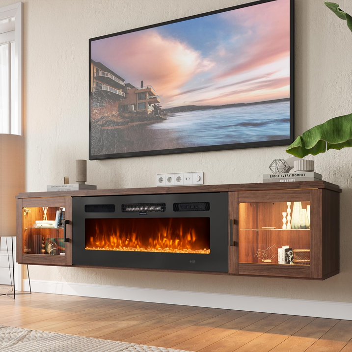 Sunmthink Floating TV Stand with 36" Electric Fireplace, High Gloss Finish Wall Mounted Fireplace Entertainment Center with Storage for TVs Up to 80", Brown