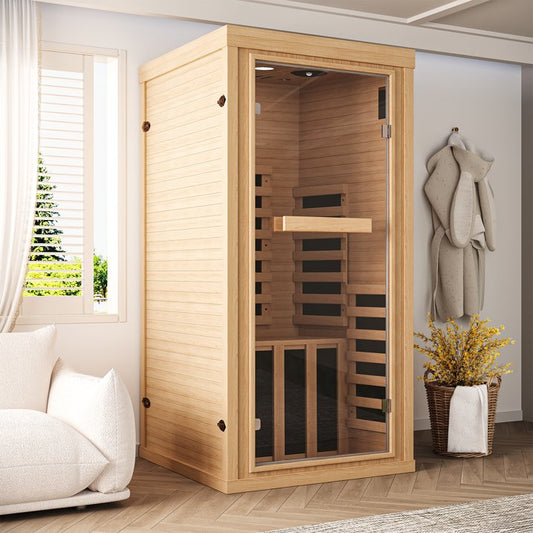 Sunmthink Full Spectrum Infrared Sauna ， 1-Person Home Sauna 1260W Hemlock Wood Spa with Resonance Speaker & Tempered Glass