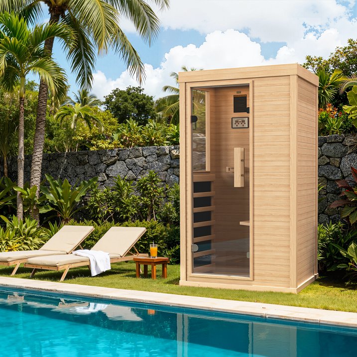 Sunmthink Full Spectrum Infrared Sauna ， 1-Person Home Sauna 850W Hemlock Wood Spa with Resonance Speaker & Tempered Glass