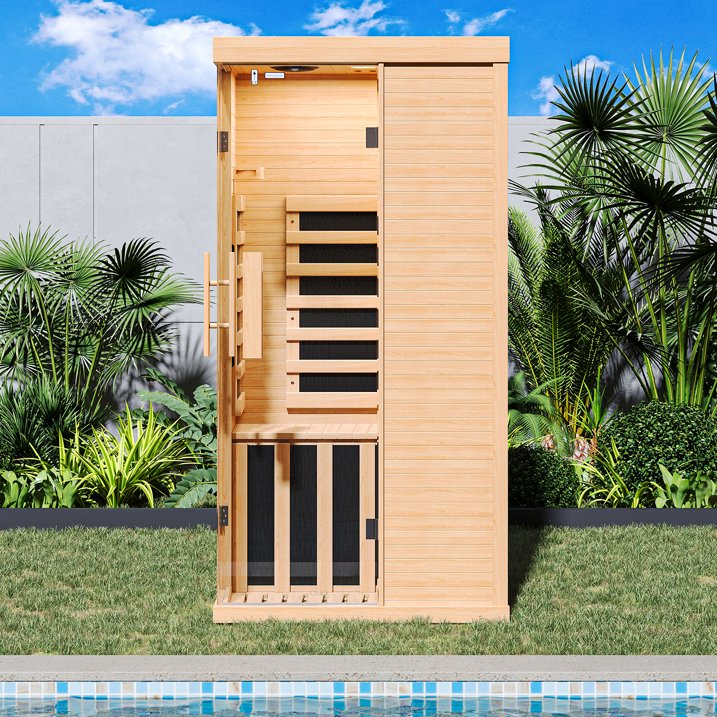 Sunmthink Full Spectrum Infrared Sauna ， 2-Person Home Sauna 850W Hemlock Wood Spa with Resonance Speaker & Tempered Glass