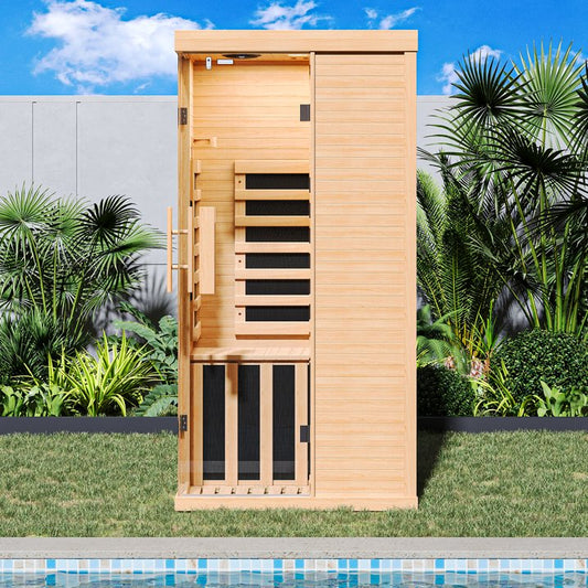 Sunmthink Full Spectrum Infrared Sauna ， 2-Person Home Sauna 850W Hemlock Wood Spa with Resonance Speaker & Tempered Glass