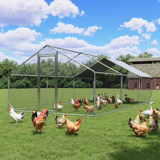 Sunmthink Heavy Duty Metal Chicken Coop Poultry Cage, Large Outdoor Yard Walk-in Enclosure with Waterproof Flat Roof Cover (9.8' L x 19.7' W x 6.4' H)