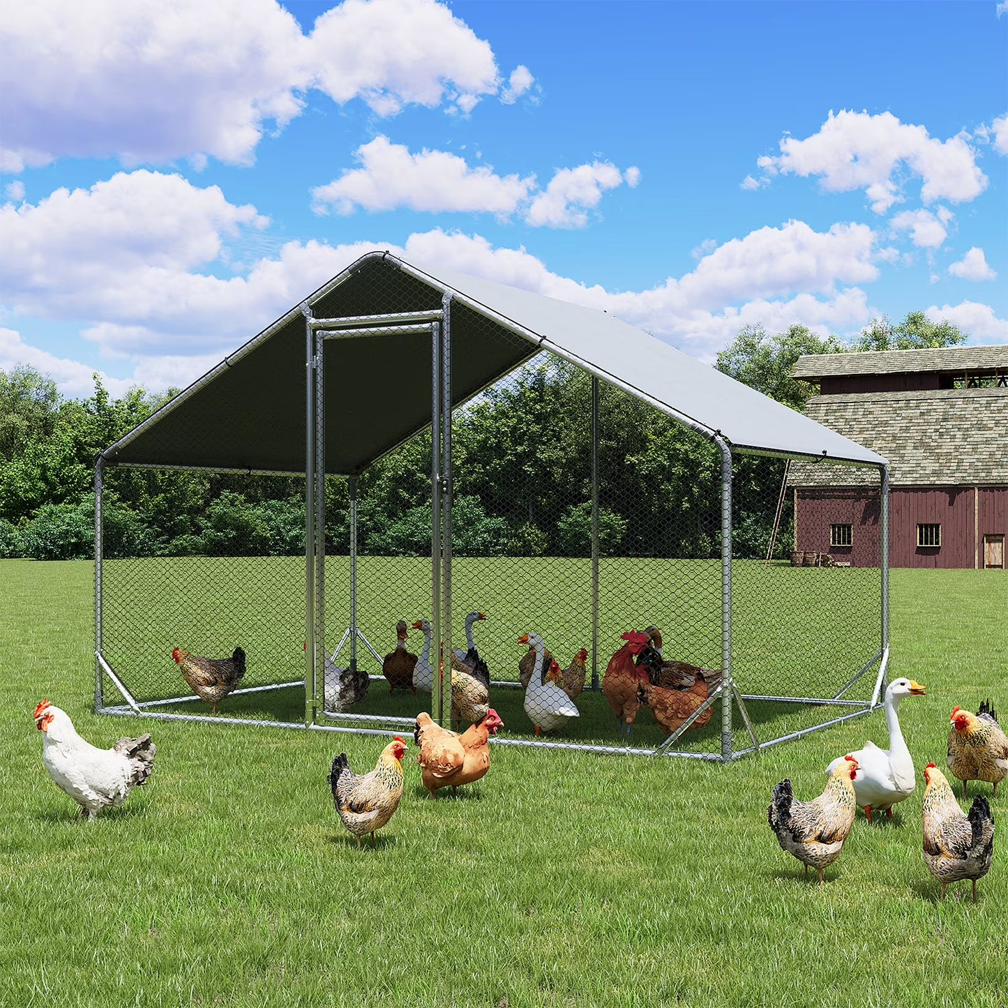 Sunmthink Heavy Duty Metal Chicken Coop Poultry Cage, Large Outdoor Yard Walk-in Enclosure with Waterproof Flat Roof Cover (9.8' L x 6.6' W x 6.4' H)