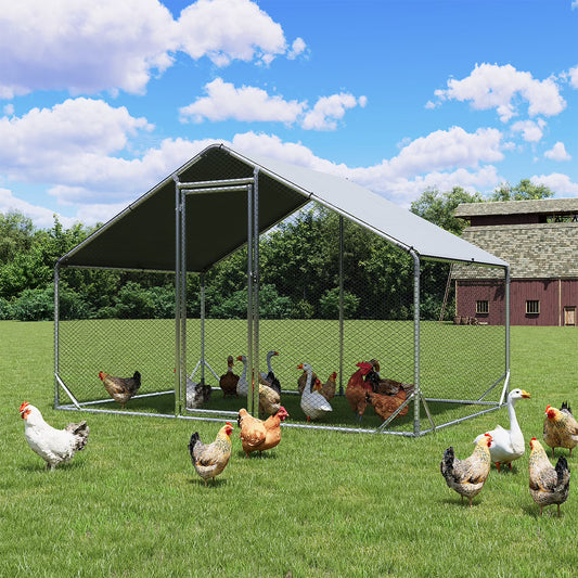 Sunmthink Heavy Duty Metal Chicken Coop Poultry Cage, Large Outdoor Yard Walk-in Enclosure with Waterproof Flat Roof Cover (9.8' L x 6.6' W x 6.4' H)