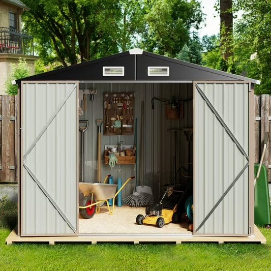 Sunmthink Lockable Metal Garden Storage Shed, 77.17" x 101.57" x 67.72", Brown