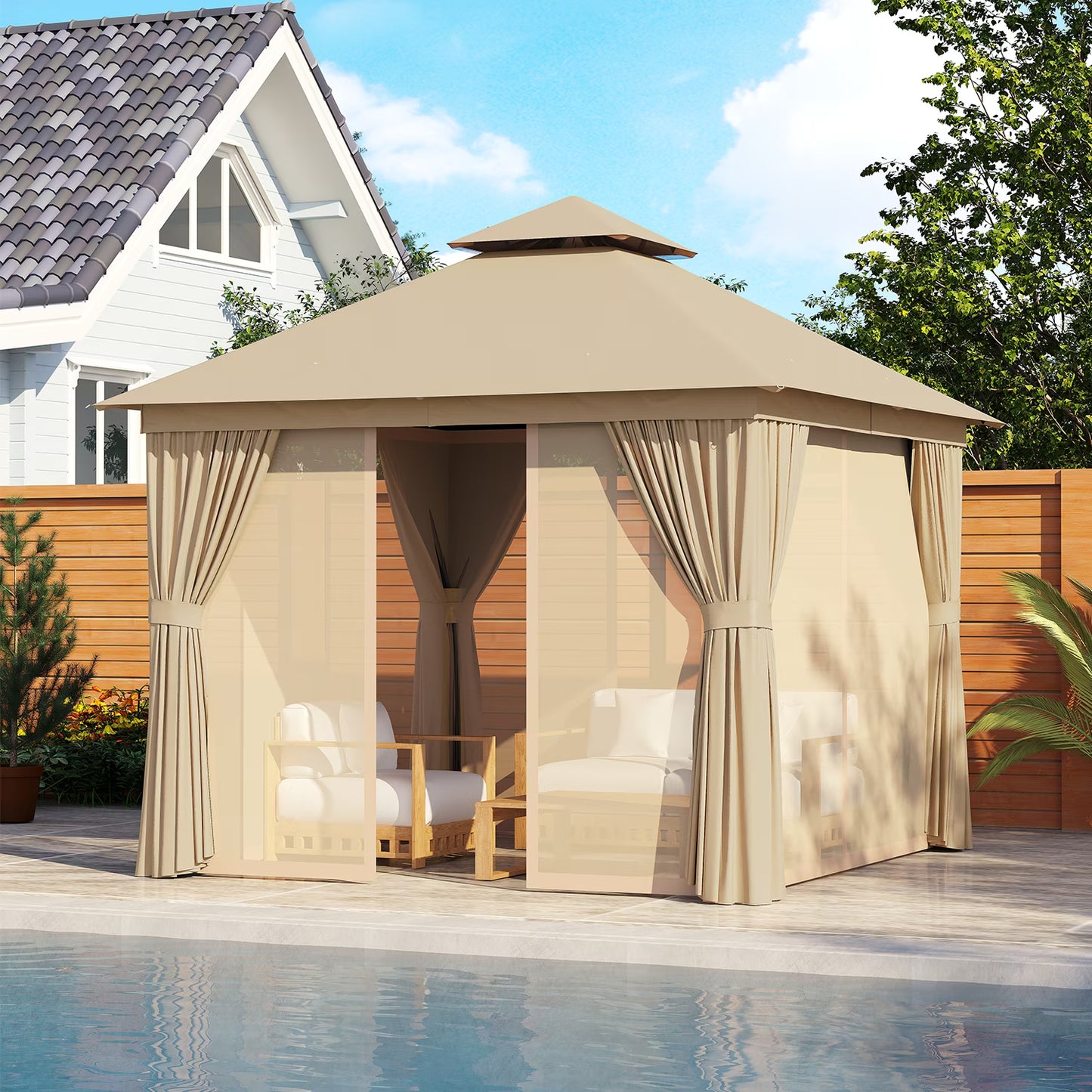 Sunmthink Outdoor Gazebo for Patio 10'x10', Metal Frame Canopy with Double Roofs, Heavy Duty Party Tent and Shelter with Mosquito Netting and Privacy Screen for Backyard,Garden,Deck (Beige)