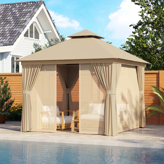 Sunmthink Outdoor Gazebo for Patio 10'x10', Metal Frame Canopy with Double Roofs, Heavy Duty Party Tent and Shelter with Mosquito Netting and Privacy Screen for Backyard,Garden,Deck (Beige)