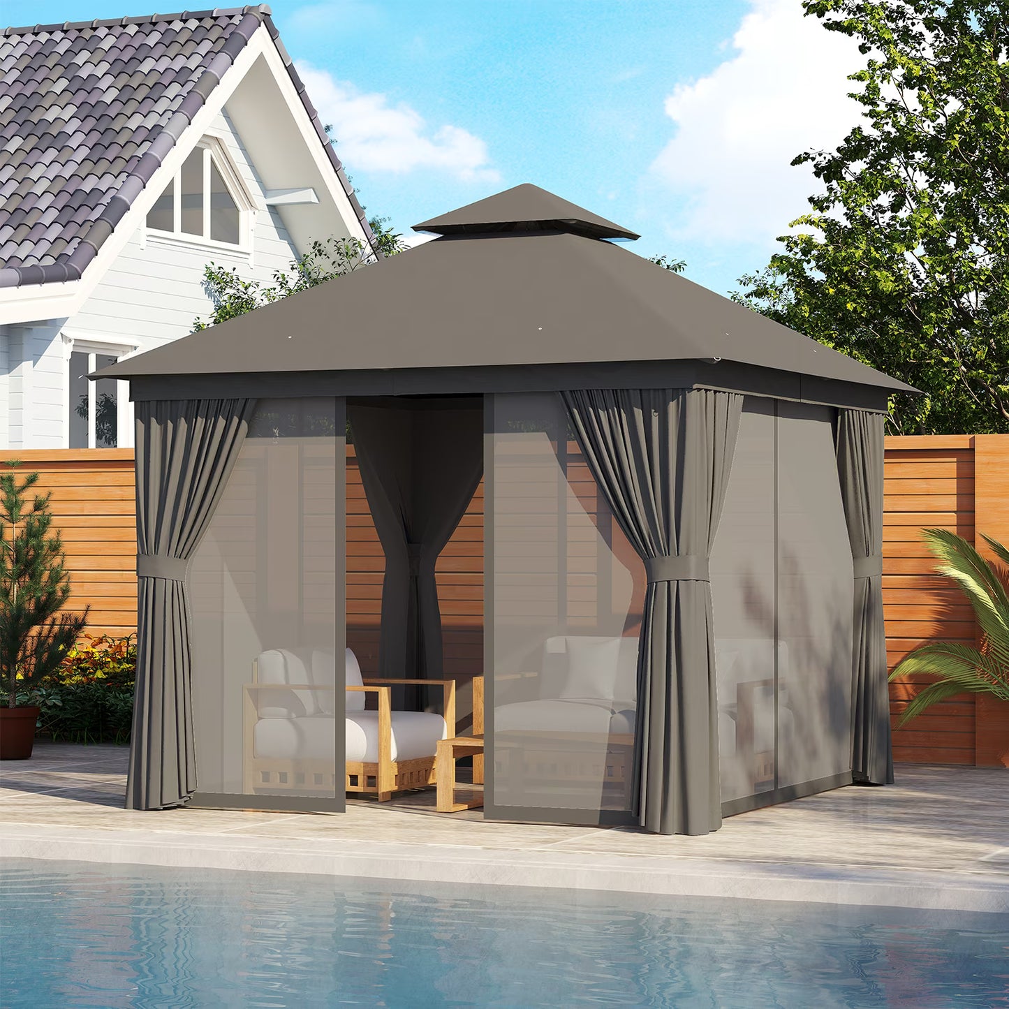 Sunmthink Outdoor Gazebo for Patio 10'x10', Metal Frame Canopy with Double Roofs, Heavy Duty Party Tent and Shelter with Mosquito Netting and Privacy Screen for Backyard,Garden,Deck (Gray)