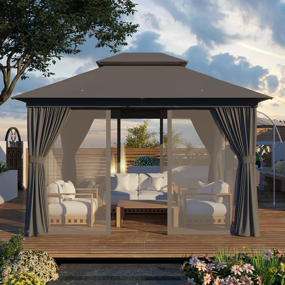 Sunmthink Outdoor Gazebo for Patio 10x12, Metal Frame Canopy with Double Roofs, Heavy Duty Party Tent and Shelter with Mosquito Netting and Privacy Screen for Backyard,Garden,Deck (Gray)