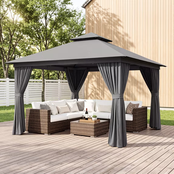 Sunmthink Outdoor Gazebo for Patio 12'x12', Metal Frame Canopy with Double Roofs, Heavy Duty Party Tent and Shelter with Mosquito Netting and Privacy Screen for Backyard,Garden,Deck (Gray)