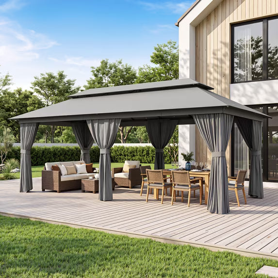 Sunmthink Outdoor Gazebo for Patio 20'x10', Metal Frame Canopy with Double Roofs, Heavy Duty Party Tent and Shelter with Mosquito Netting and Privacy Screen for Backyard,Garden,Deck (Gray)