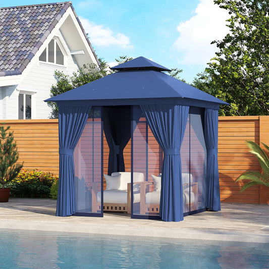 Sunmthink Outdoor Gazebo for Patio 8'x8', Metal Frame Canopy with Double Roofs, Heavy Duty Party Tent and Shelter with Mosquito Netting and Privacy Screen for Backyard,Garden,Deck (Blue)