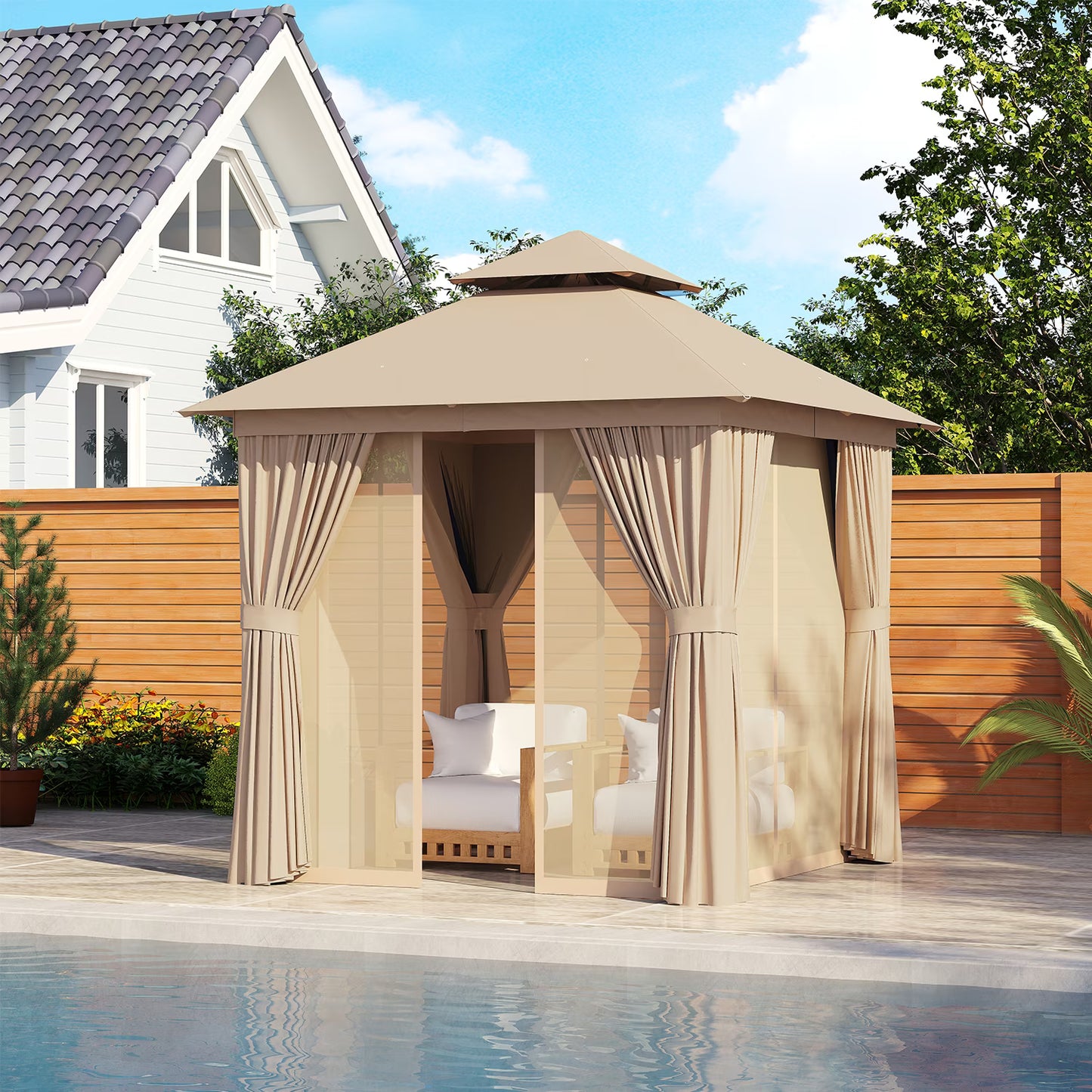 Sunmthink Outdoor Gazebo for Patio 8'x8', Metal Frame Canopy with Double Roofs, Heavy Duty Party Tent and Shelter with Mosquito Netting and Privacy Screen for Backyard,Garden,Deck (Beige)