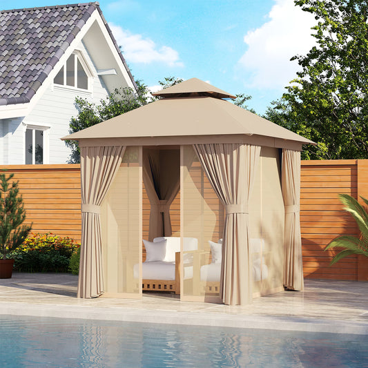 Sunmthink Outdoor Gazebo for Patio 8'x8', Metal Frame Canopy with Double Roofs, Heavy Duty Party Tent and Shelter with Mosquito Netting and Privacy Screen for Backyard,Garden,Deck (Beige)