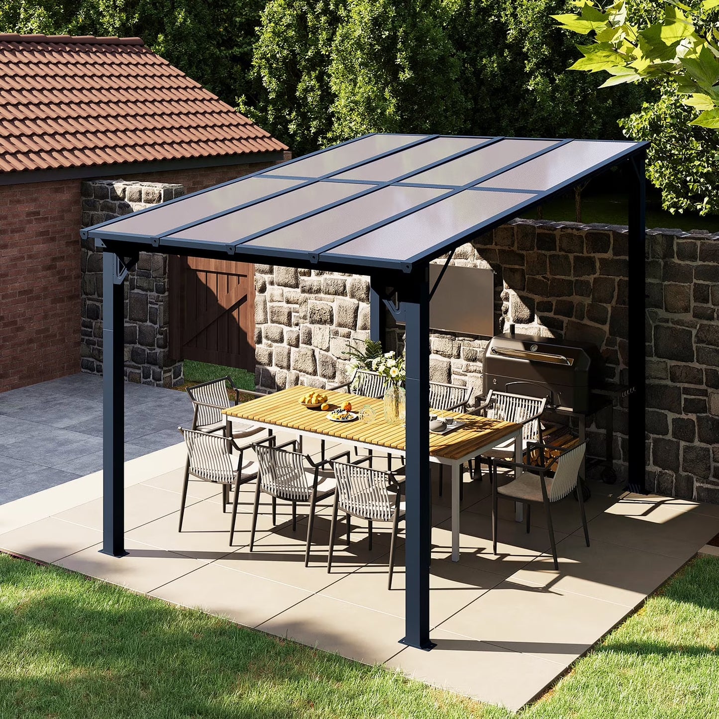 Sunmthink Outdoor Hardtop Gazebo for Patio 10' x 8', Small Wall-Mounted Lean to Gazebo Pergola with Roof