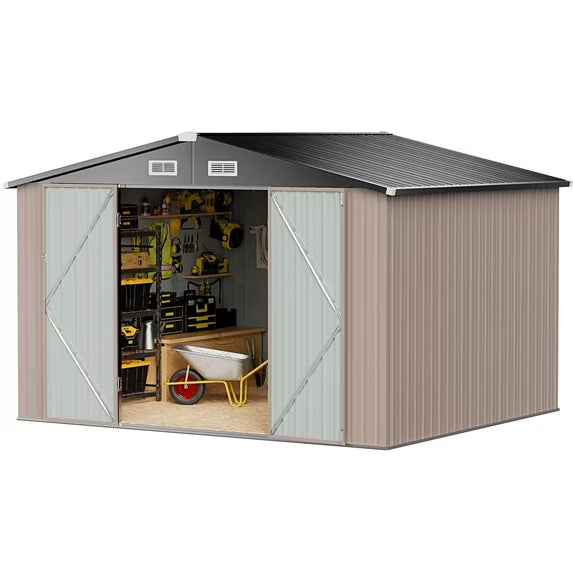 Sunmthink Outdoor Metal Storage Shed, 7.6' x 9.7' x 6.5', Brown