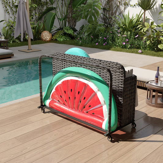 Sunmthink Outdoor Poolside Storage Cart with Wheels, 2-Tier Wicker Towel & Toy Organizer for Pool, Gray
