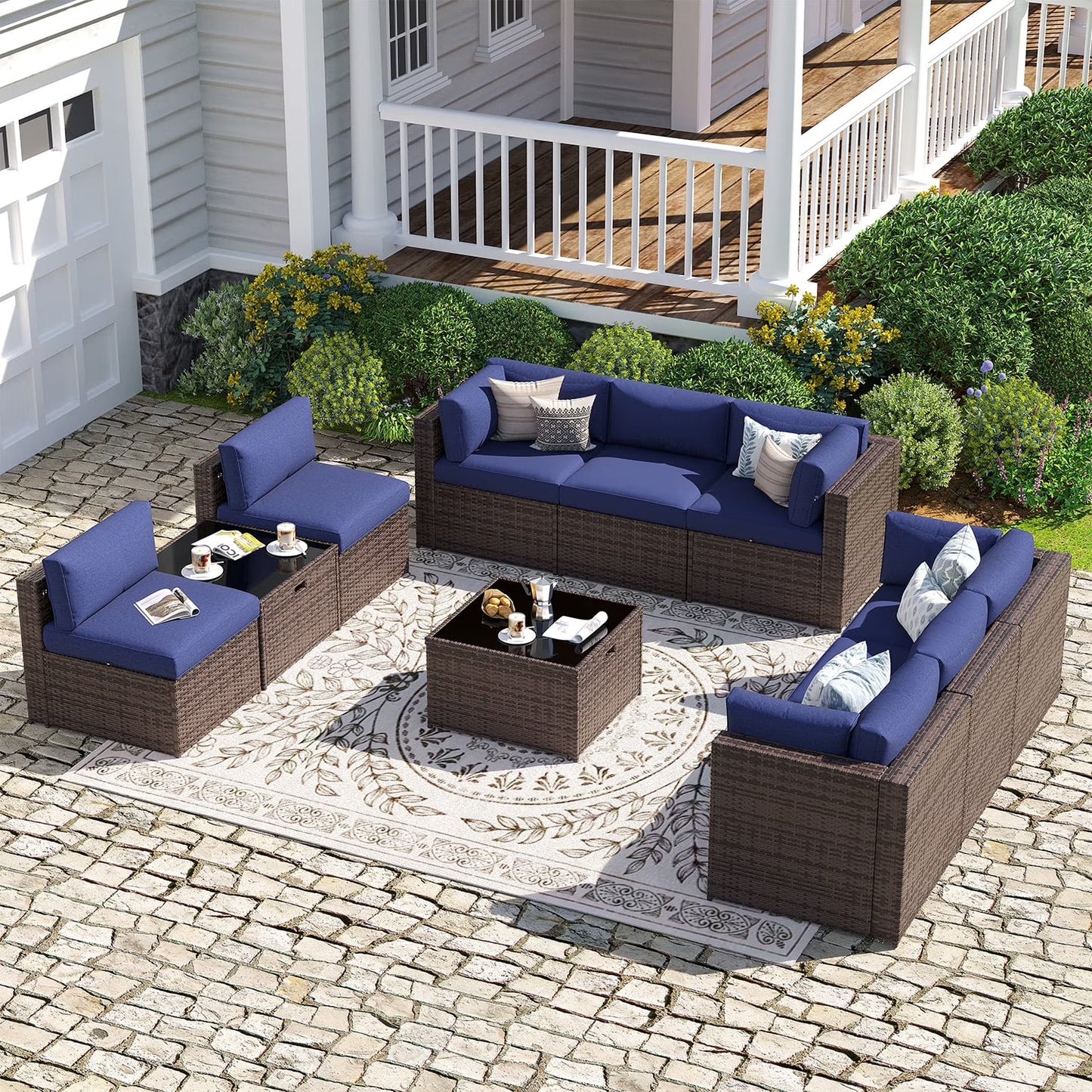 Sunmthink Patio Furniture Sets, 10-Piece Outdoor Patio Furniture with Thick Cushions, Wicker Outdoor Conversation Set and Waterproof Cover for Backyard, Poolside, Garden
