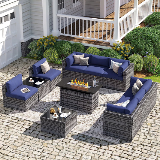 Sunmthink Patio Furniture Sets, 11-Piece Outdoor Patio Furniture with 44'' Propane Gas Firepit Table, Wicker Outdoor Conversation Set and Waterproof Cover for Backyard, Poolside, Garden