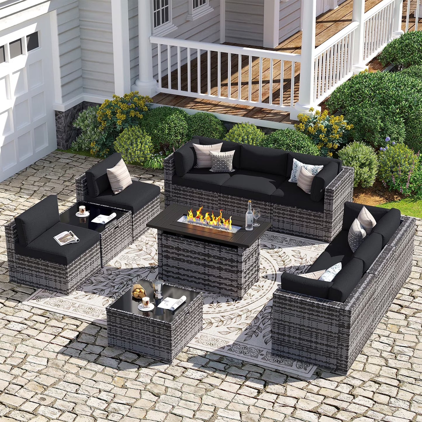 Sunmthink Patio Furniture Sets, 11-Piece Outdoor Patio Furniture with 44'' Propane Gas Firepit Table, Wicker Outdoor Conversation Set and Waterproof Cover for Backyard, Poolside, Garden