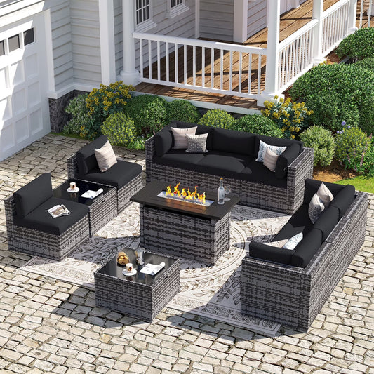 Sunmthink Patio Furniture Sets, 11-Piece Outdoor Patio Furniture with 44'' Propane Gas Firepit Table, Wicker Outdoor Conversation Set and Waterproof Cover for Backyard, Poolside, Garden
