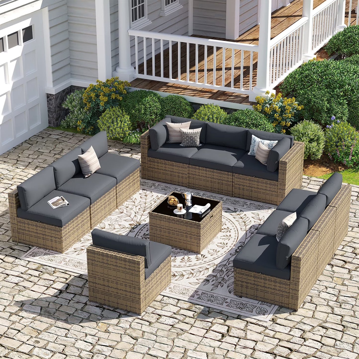 Sunmthink Patio Furniture Sets, 11-Piece Outdoor Patio Furniture with Thick Cushions, Wicker Outdoor Conversation Set and Waterproof Cover for Backyard, Poolside, Garden