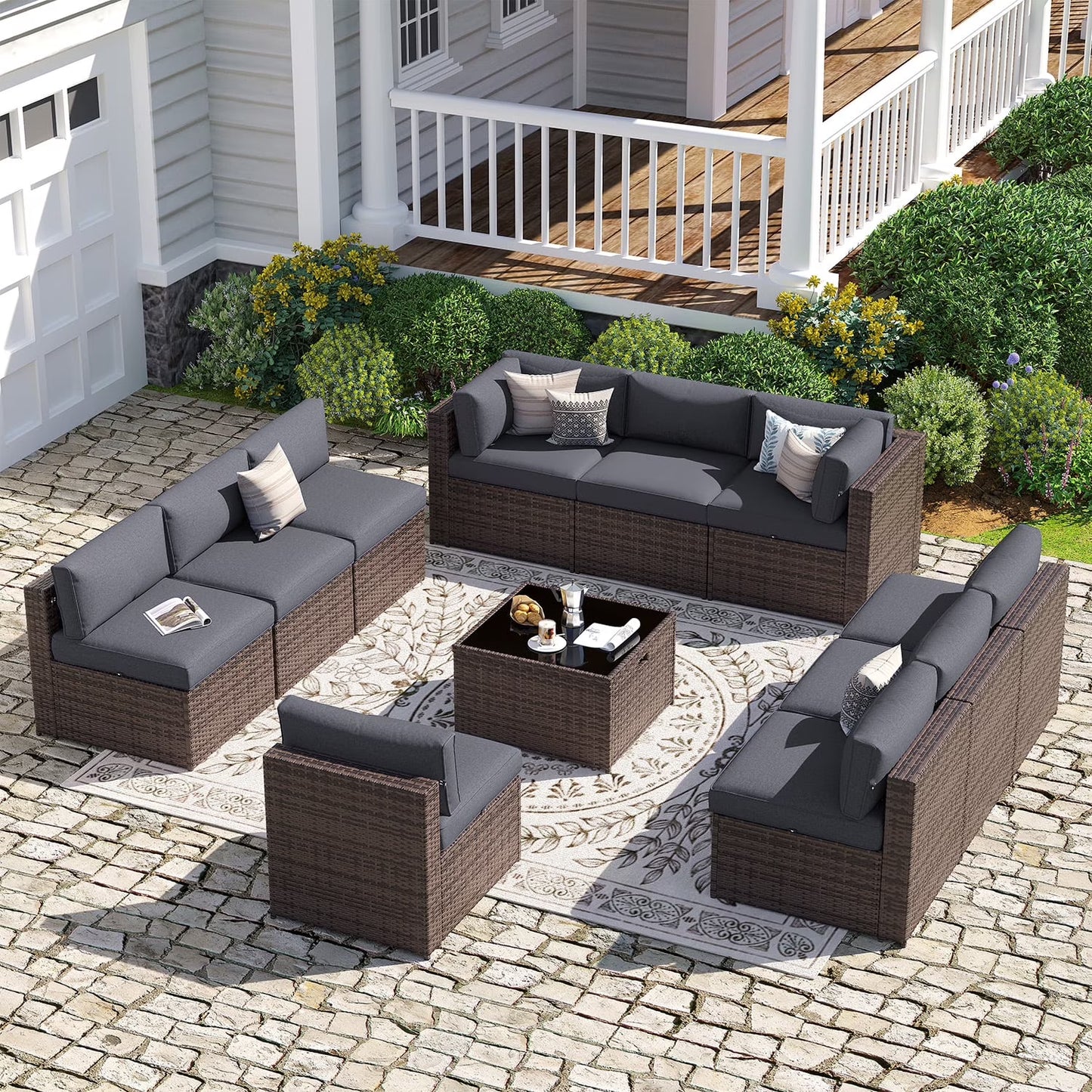 Sunmthink Patio Furniture Sets, 11-Piece Outdoor Patio Furniture with Thick Cushions, Wicker Outdoor Conversation Set and Waterproof Cover for Backyard, Poolside, Garden