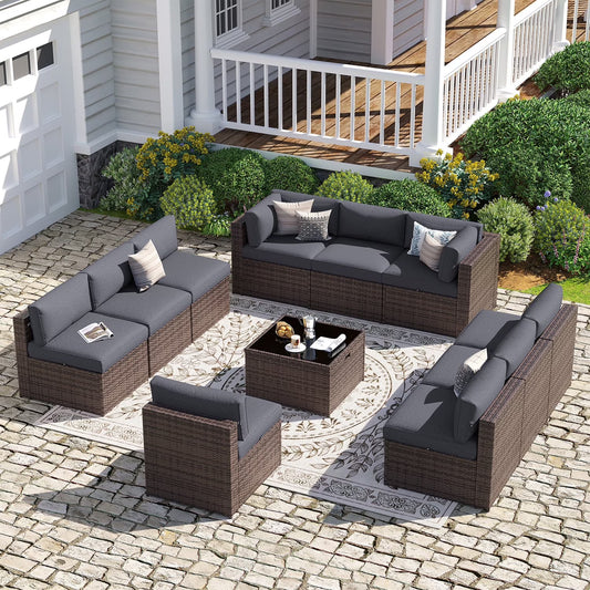 Sunmthink Patio Furniture Sets, 11-Piece Outdoor Patio Furniture with Thick Cushions, Wicker Outdoor Conversation Set and Waterproof Cover for Backyard, Poolside, Garden