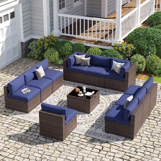 Sunmthink Patio Furniture Sets, 11-Piece Outdoor Patio Furniture with Thick Cushions, Wicker Outdoor Conversation Set and Waterproof Cover for Backyard, Poolside, Garden