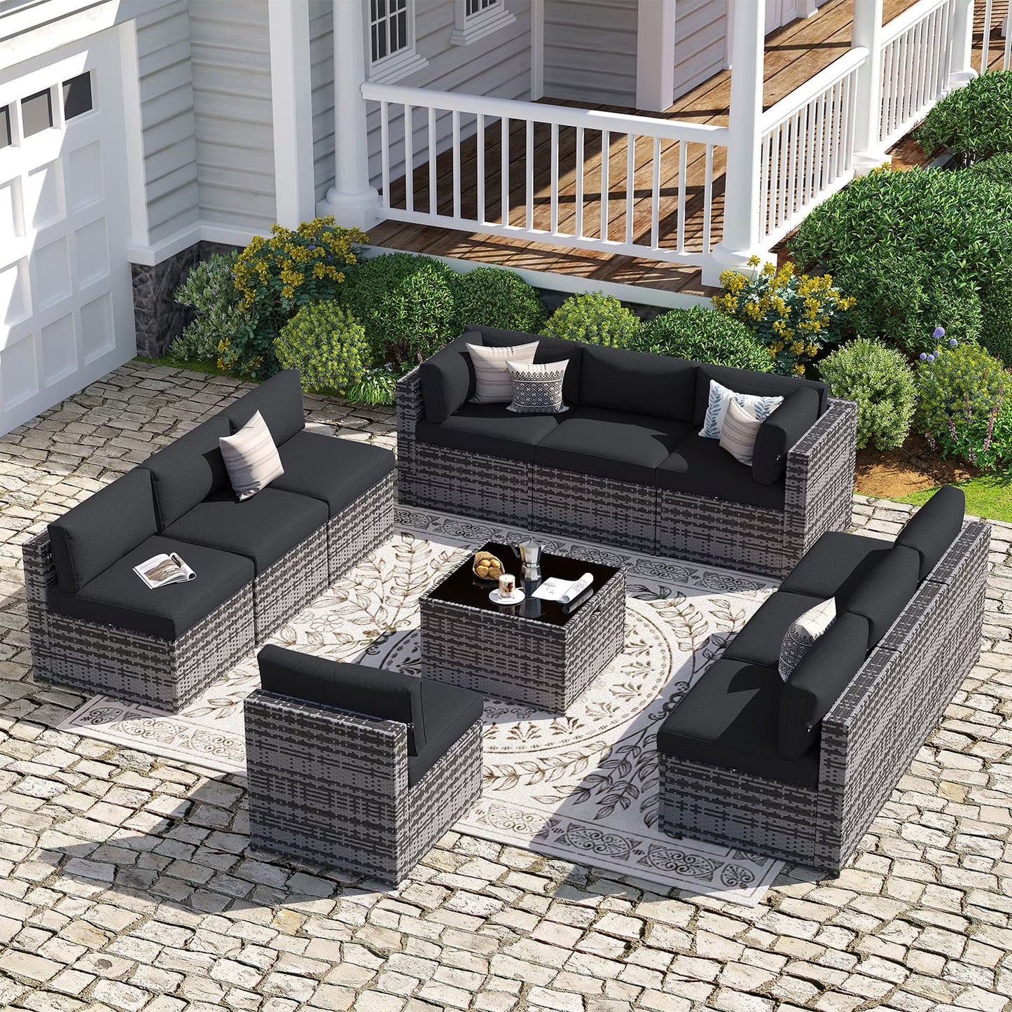 Sunmthink Patio Furniture Sets, 11-Piece Outdoor Patio Furniture with Thick Cushions, Wicker Outdoor Conversation Set and Waterproof Cover for Backyard, Poolside, Garden