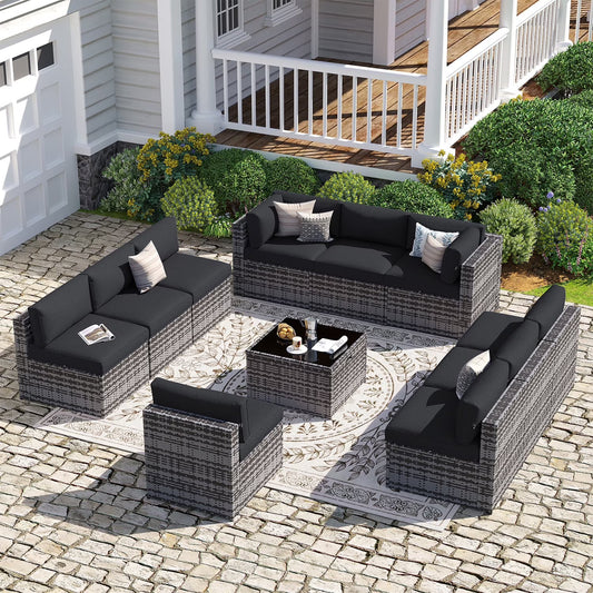 Sunmthink Patio Furniture Sets, 11-Piece Outdoor Patio Furniture with Thick Cushions, Wicker Outdoor Conversation Set and Waterproof Cover for Backyard, Poolside, Garden