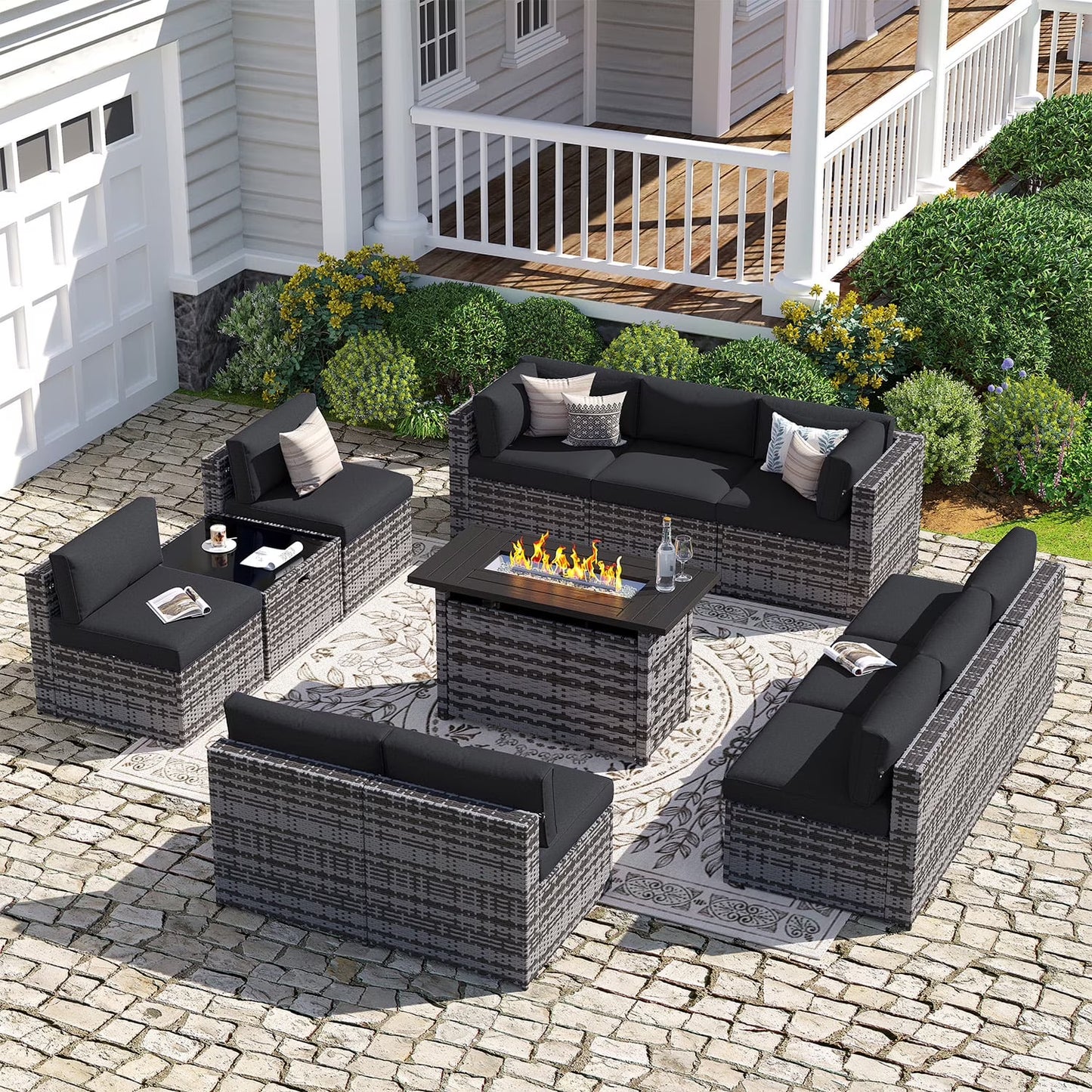 Sunmthink Patio Furniture Sets, 12-Piece Outdoor Patio Furniture with 44'' Propane Gas Firepit Table, Wicker Outdoor Conversation Set and Waterproof Cover for Backyard, Poolside, Garden