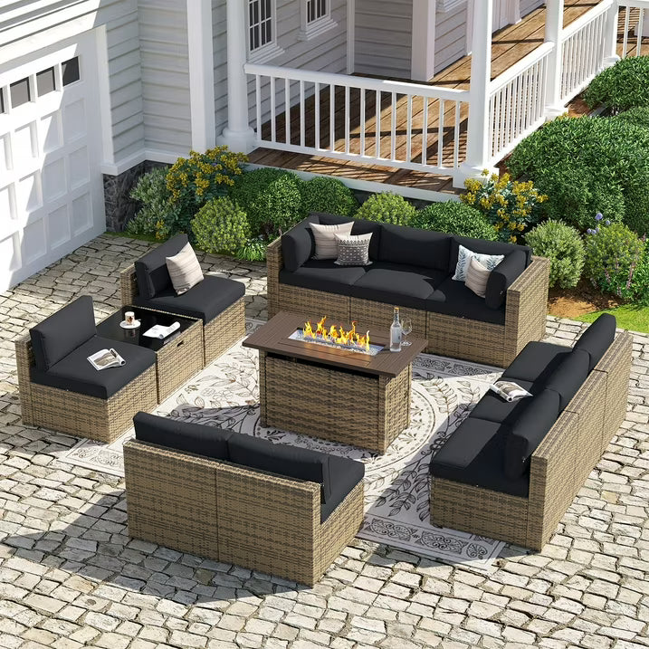 Sunmthink Patio Furniture Sets, 12-Piece Outdoor Patio Furniture with 44'' Propane Gas Firepit Table, Wicker Outdoor Conversation Set and Waterproof Cover for Backyard, Poolside, Garden