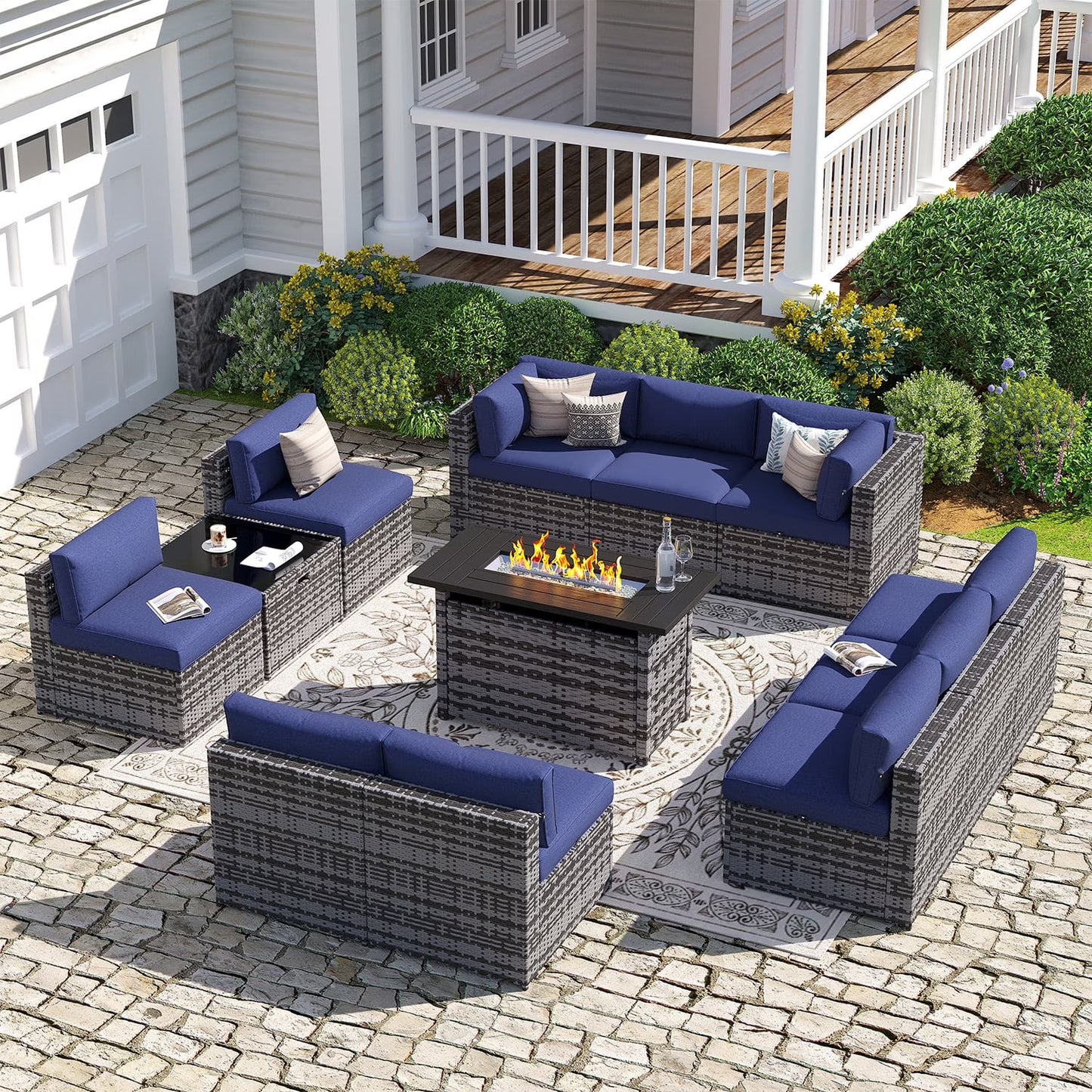Sunmthink Patio Furniture Sets, 12-Piece Outdoor Patio Furniture with 44'' Propane Gas Firepit Table, Wicker Outdoor Conversation Set and Waterproof Cover for Backyard, Poolside, Garden
