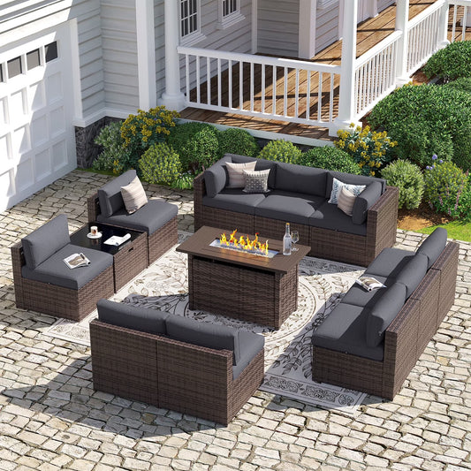 Sunmthink Patio Furniture Sets, 12-Piece Outdoor Patio Furniture with 44'' Propane Gas Firepit Table, Wicker Outdoor Conversation Set and Waterproof Cover for Backyard, Poolside, Garden