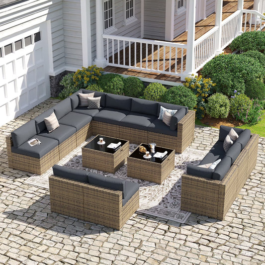Sunmthink Patio Furniture Sets, 14-Piece Outdoor Patio Furniture with Thick Cushions, Wicker Outdoor Conversation Set and Waterproof Cover for Backyard, Poolside, Garden